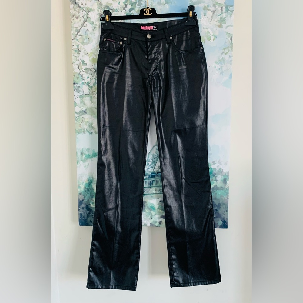 Y2K Bubble Gum Black Shiny Bootcut mid-rise pants size 5/6